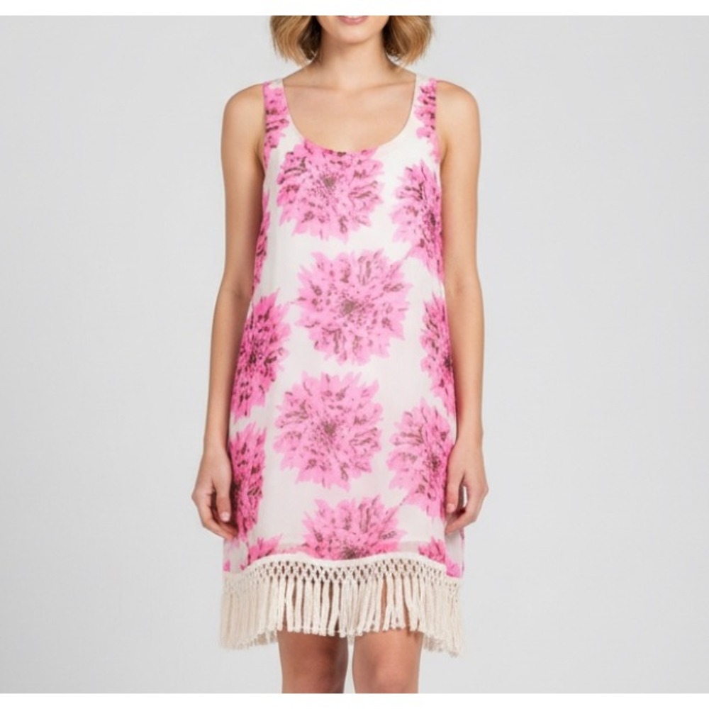BUDDY LOVE Pink FLORAL Lined CHIFFON Crochet Hem SLEEVELESS Shift Dress Sz S